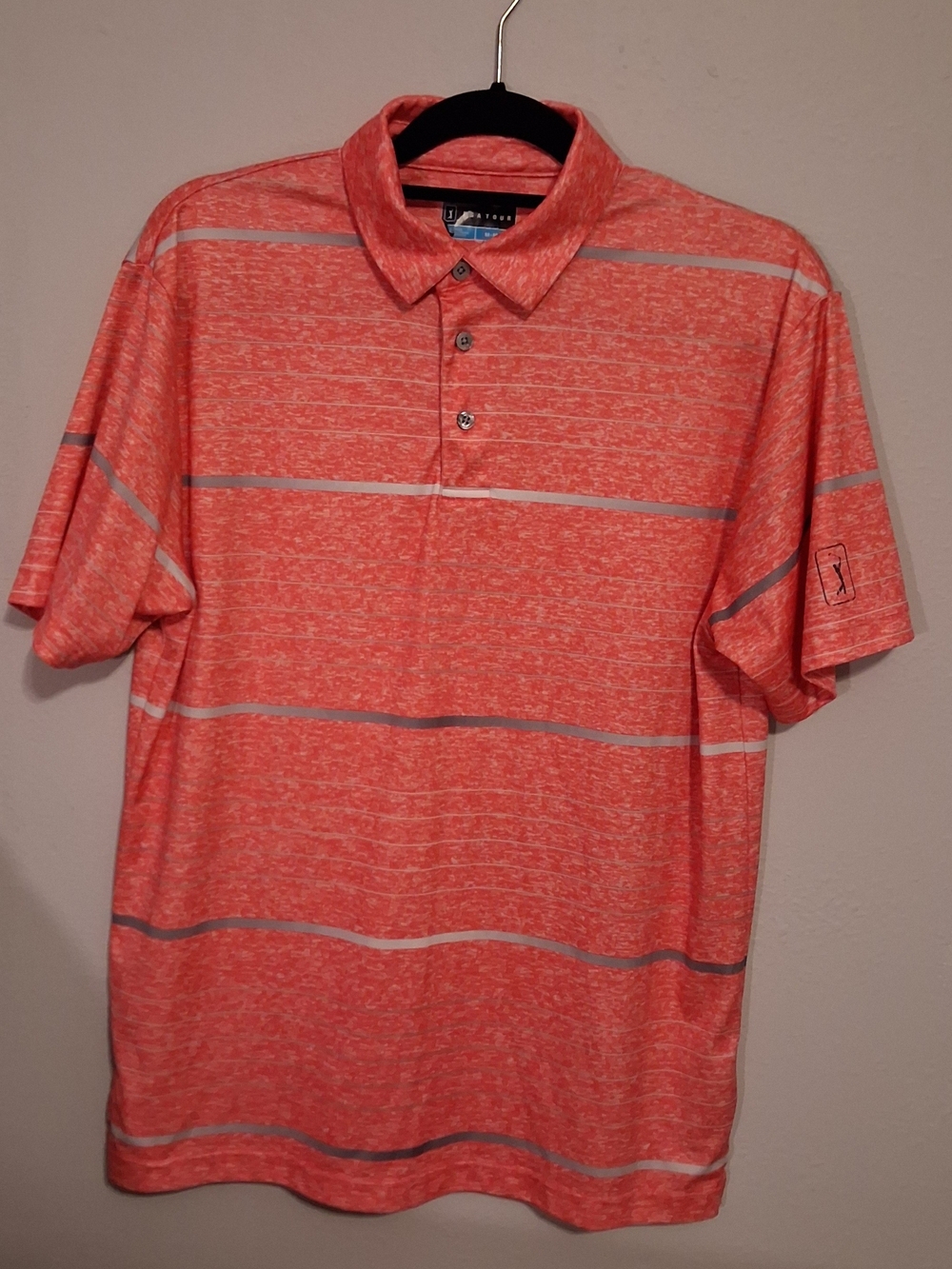 PGA Tour Coral Gray Stripe Stripe Polo/ Mens Size Medium  /Pit To Pit About 22in
